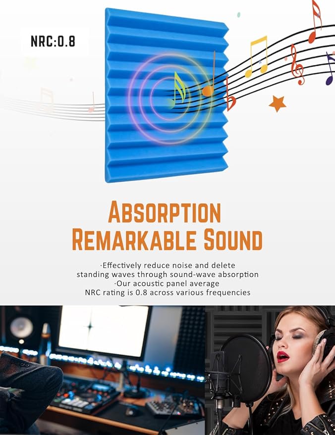 Sound Proof Foam Panels for Wall 48 Pack Acoustic Panels Sound Absorbing 1" X 12" X 12" Fire-Proofed Soundproofing Foam High Density Sound Dampening Panels for Room Studio Blue Black