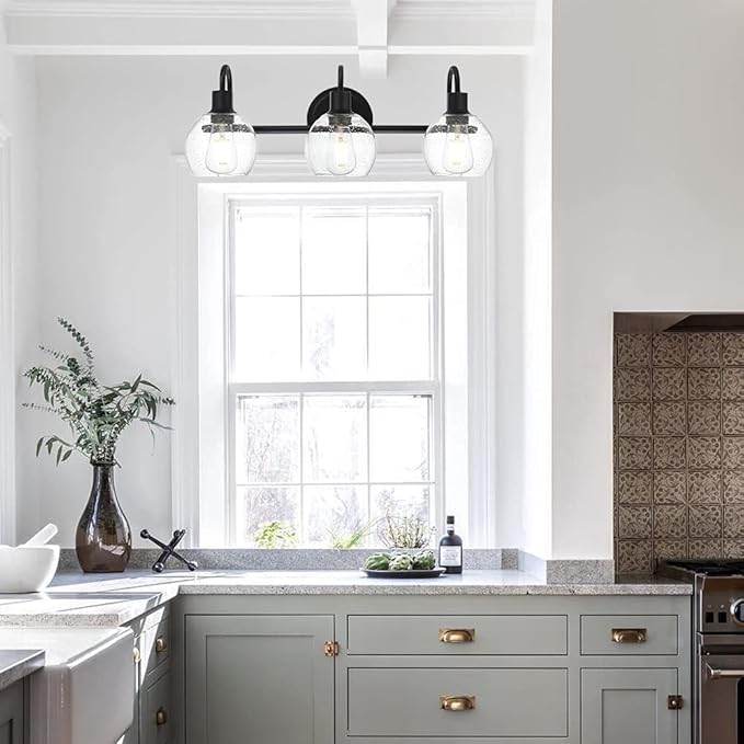 WINSHEN Modern 3-Lights Black Vanity Light Fixtures Farmhouse Metal Bathroom Lighting with Seeded Globe Glass for Hallway Kitchen Over Mirror Bedroom
