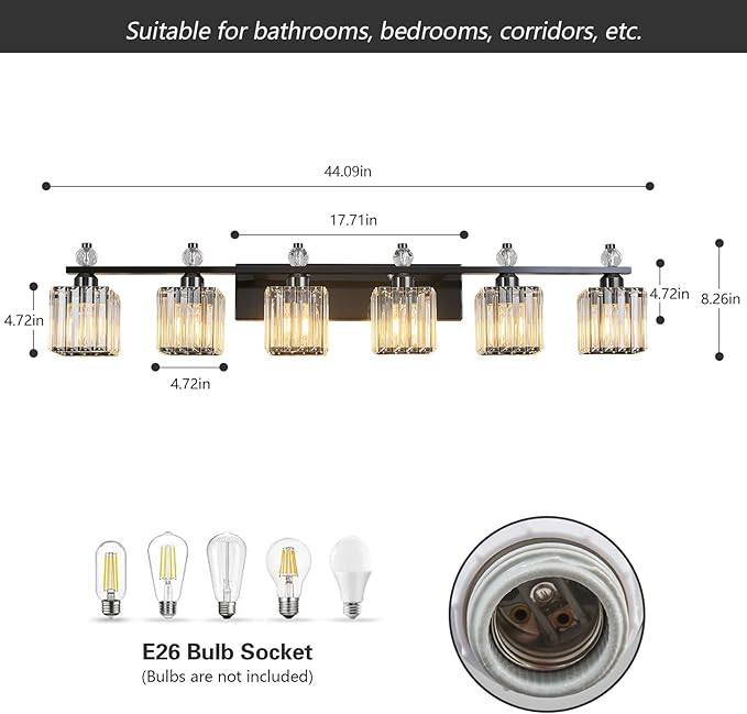 FDPBY Vanity Lights 6-Light Modern Crystal Vanity Light Plating Black Bathroom Light Fixtures Over Mirror Crystal Bathroom Vanity Lighting Fixtures