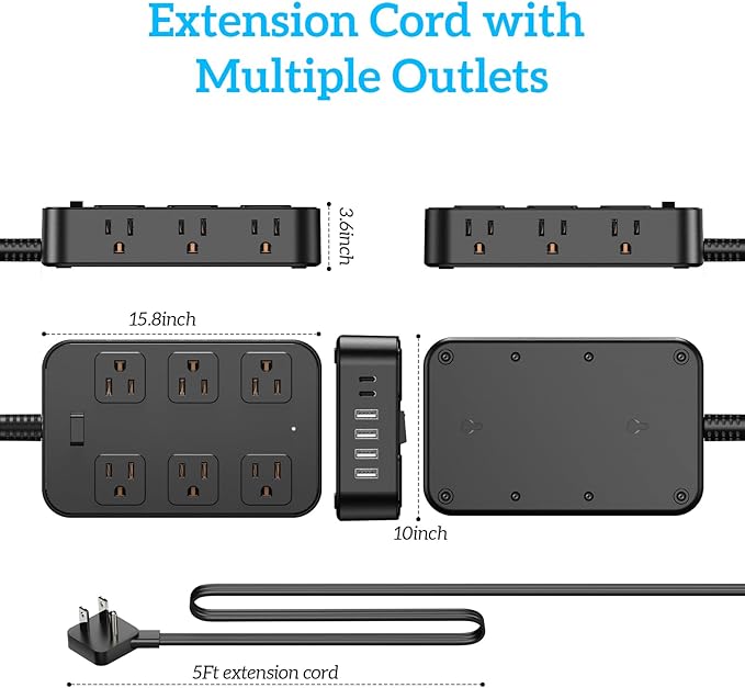 Solidock Flat Plug Power Strip Surge Protector 5 Ft Extension Cord with 12 AC Outlets 6 USB Ports 3 Side Multi Plug Outlet Extender Home Office Kitchen Dorm Room Wall Desk Charging Station ETL Listed
