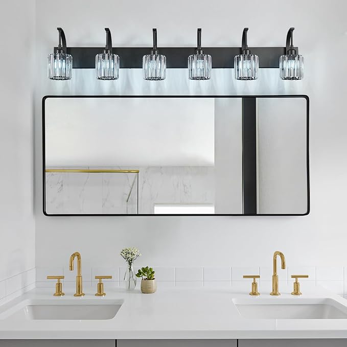 FDPBY 6-Light Crystal Vanity Light, Black Modern Wall Sconce with K9 Crystal Shades, 51.18" Long Over Mirror Lighting for Bathroom, Makeup, Hallway, Elegant & Easy Install