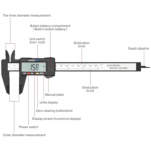 Electronic Digital Caliper, Plastic Vernier Caliper, Caliper Measuring Tool with Inch/Millimeter Conversion, Extra Large LCD Screen, 0-6 Inch/0-150 mm, Auto Off Featured Micrometer Ruler