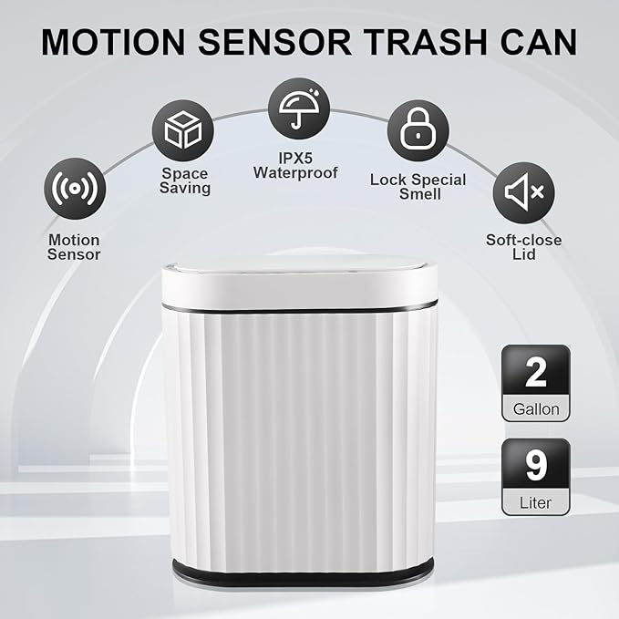 ELPHECO Bathroom Trash Can with Lid 2 Gallon Small Sensor Garbage Can, Slim Smart Trash Bin, Waterproof Automatic Wastebasket, Narrow Plastic Garbage Bin for Bathroom, Black and White