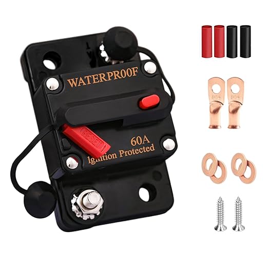 60 Amp Circuit Breaker with 6 AWG 1/4" Ring Terminal for Boat Trolling Motor Marine ATV Trailer Vehicles Stereo Audio Electronic Battery Solar System Inline Fuse Waterproof Manual Reset 12V-48V DC