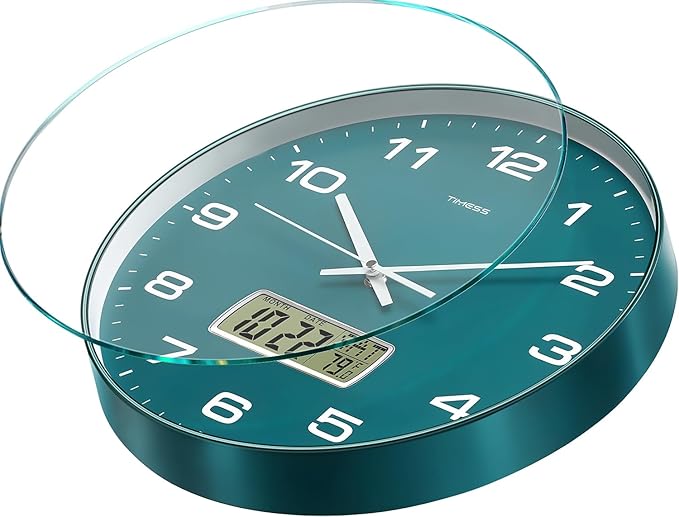TIMESS Wall Clock, 12" Dial Non-Ticking Silent Battery Operated Analog with LCD Display for Perpetual Calendar and F° Temperature, Ideal Modern Home, Bedroom, Kitchen, Office Decor (Green)