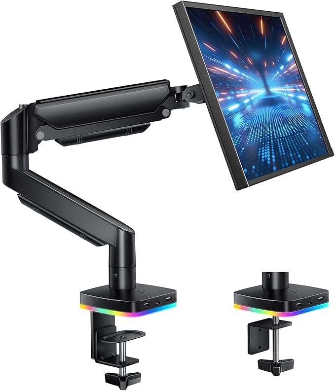 RGB Single Monitor Stand, Gas Spring Monitor Arm with 3 USB Ports, Charging and USB Data Transfer Function, Desk Mount for 13"-32" Monitors up to 19.8lbs, Adjustable Height, Tilt, Swivel, Rotate
