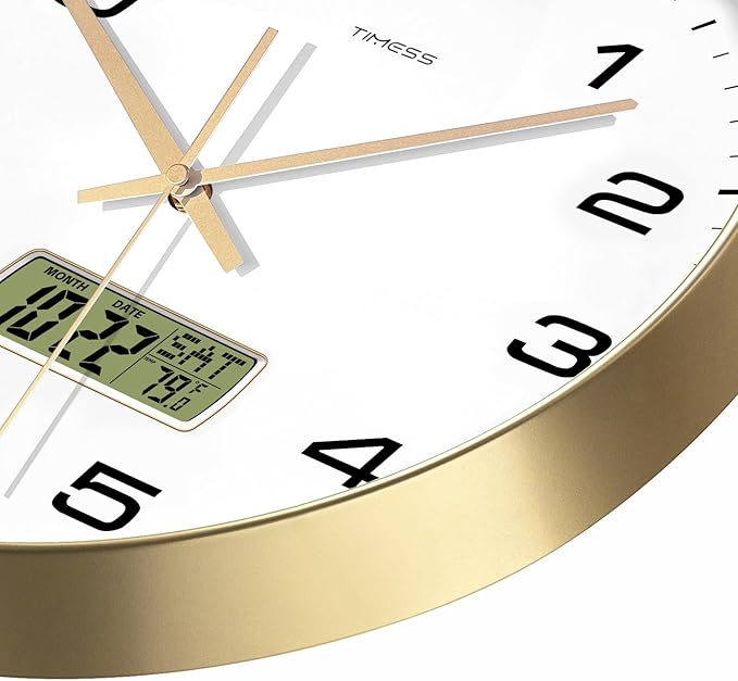 TIMESS Wall Clock, 10" Dial Non-Ticking Silent Battery Operated Analog with LCD Display for Perpetual Calendar and F° Temperature, Ideal Modern Home, Bedroom, Kitchen, Office Decor (Gold)