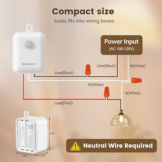 SURAIELEC 3 Way Wireless Light Switch and Receiver Kit, RF 100Ft, No WiFi, No Interference, Expandable 15AMP Remote Control Wall Switches for Ceiling Lighting, Lamp, Fan (Neutral Wire Required)