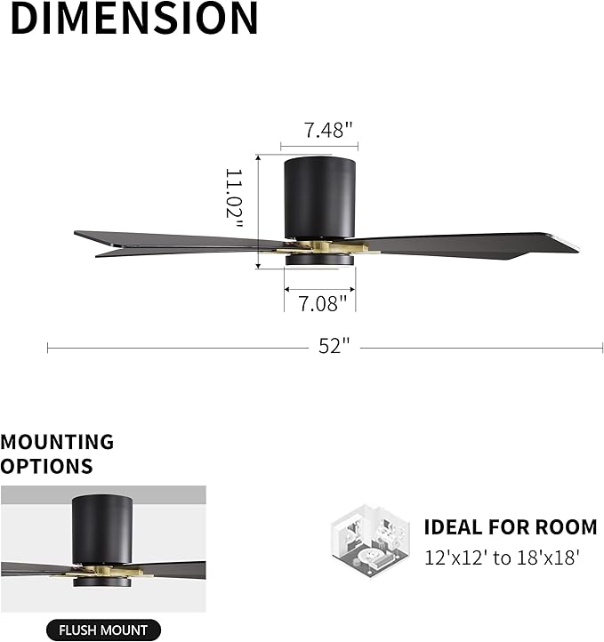 WINGBO 52" DC Flush Mount Ceiling Fan with Lights, 5 Plywood Blades, 6-Speed Reversible DC Motor, 3CCT, Low Profile Hugger Ceiling Fan for Living Room Bedroom Kitchen, Black and Brass