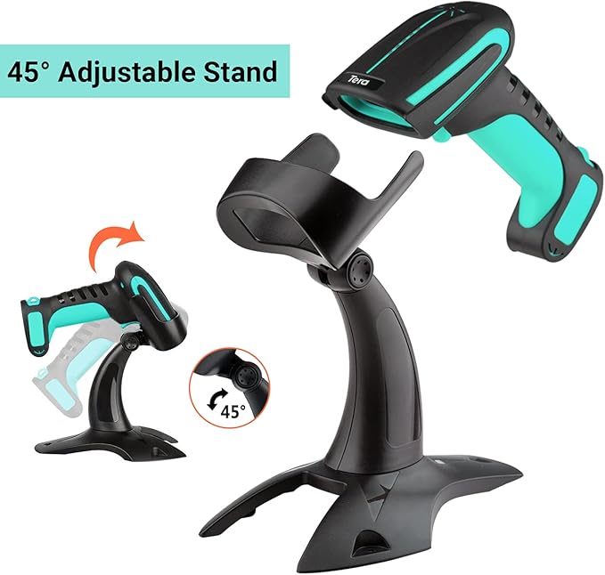 Tera 1D 2D QR Barcode Scanner Wireless with Stand, Heavy Duty Industrial IP66 Drop Resistance, Image Scanning Handheld Reader Compatible for Bluetooth with Vibration Alert Model 8100, Battery Powered