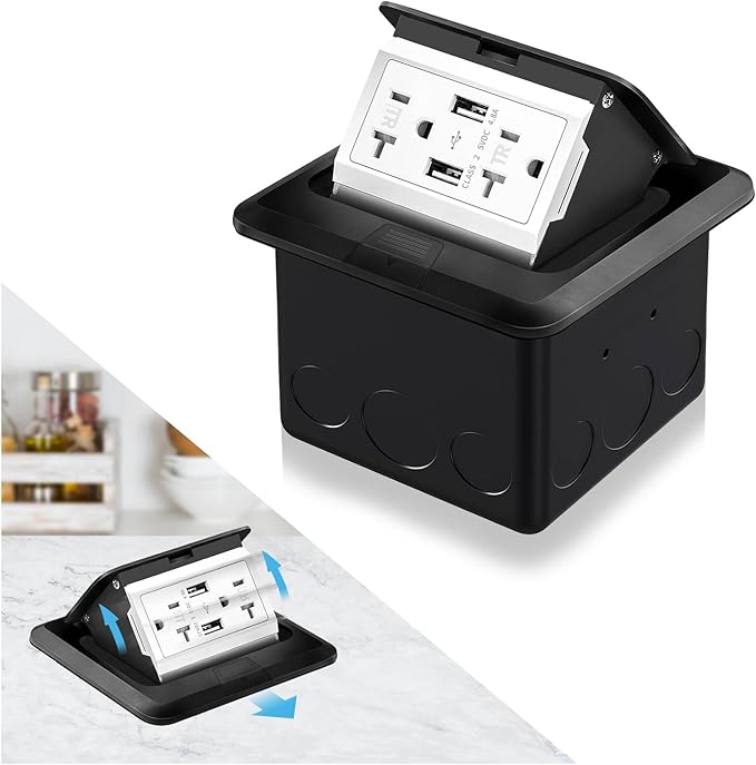 Vagueior Recessed Floor Electrical Outlet Kit,Waterproof Electrical Outlet Covcer Box,Hidden 4.8A USB+20A Tamper-Resistant Receptacle Outlet with Slow Elastic Damping ，ETL Certified,Black(1 Pack)
