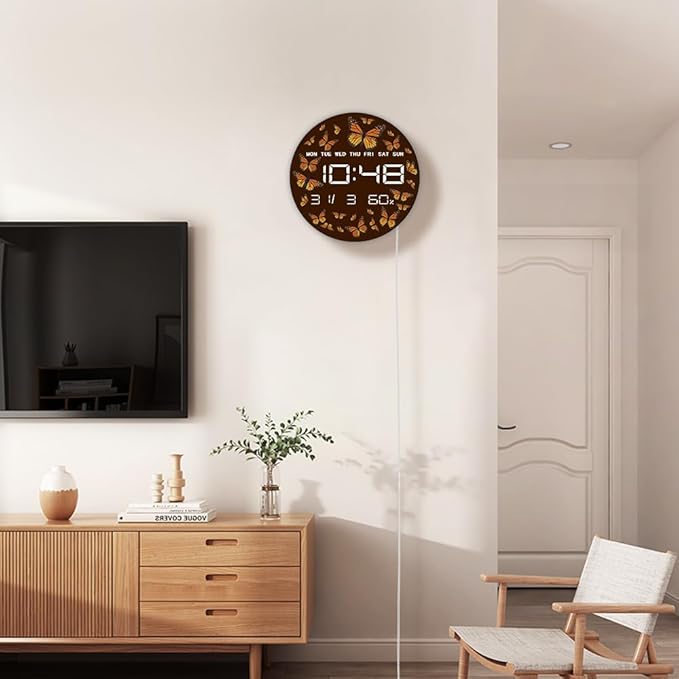 Timethink 12 Inch Butterfly Digital Wall Clock Large Display, Monarch Butterflies Entomology Nature Insect Electric Wall Clock with Temperature, Smart Dimming, Date, 12/24hr, Plug in LED for Kitchen