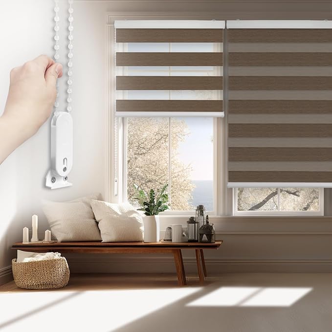 FOIRESOFT Standard Custom Blackout Zebra Roller Blinds [Bonita, Brown, W 10-109 x H 10-105 inch] Dual Layer Privacy Shade, Room Darkening, Select 1x1 for Custom