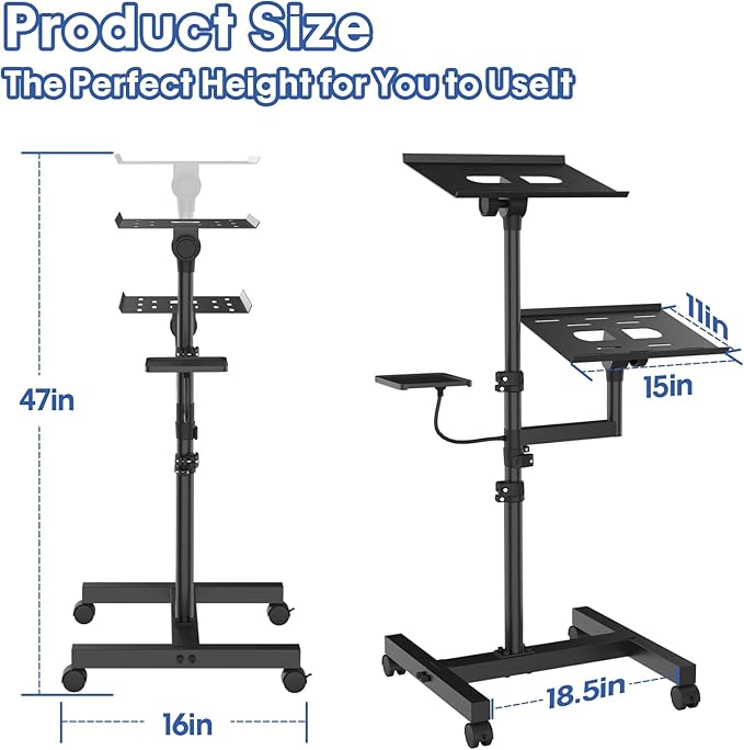 GSOW 2 Shelves Mobile Projector Stand, Rolling Laptop Stand Adjustable Height to 47 Inches, Podium Stands with Ventilated Tray, Heavy Duty, Laptop Floor Stand for Office, Home, Stage, DJ