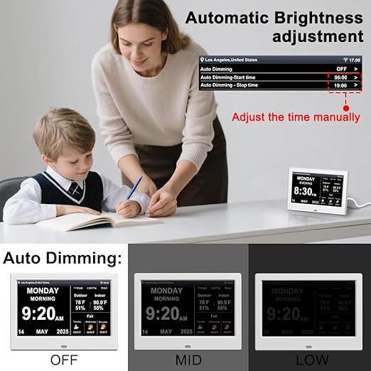 FEYBYLA 2025 New Digital Clock with Temperature/Humidity & Weather Forecast, Auto Time Sync Large Display, Custom Alarms & Medication Reminders, Ideal for Elderly(White, 7-Inch)