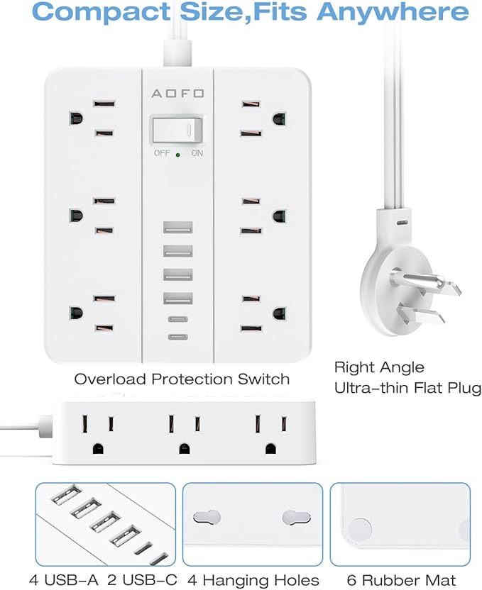 AOFO 10FT Surge Protector Power Strip,12 AC Outlets with 6 USB Ports (2 USB-C), Flat Plug Extension Cord with Multiple Outlets, Wall Mount for Home Office,Dorm,White