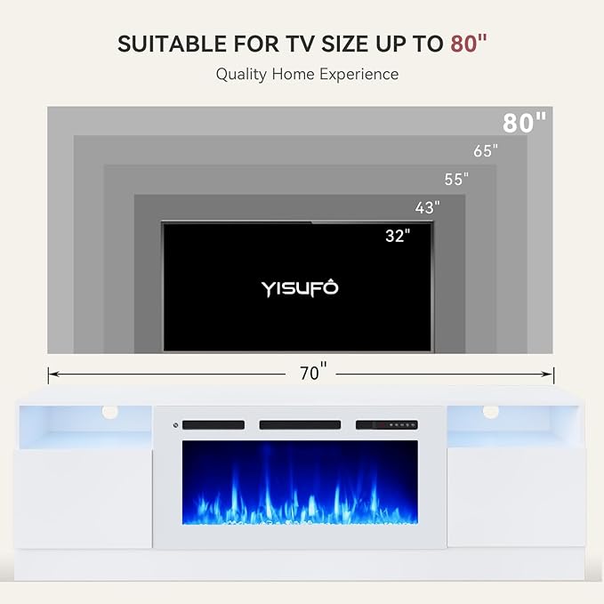 YISUFO 70" TV Stand with 36" Electric Fireplace, Large Modern Media Entertainment Center with Storage Cabinet and 12 Colors LED Lights for TVs Up to 80",All White