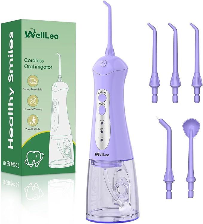 WellLeo Water Flosser for Teeth, Portable Oral Irrigator Rechargeable Water Dental Flosser Pick with High Pressure 5 Jet Tips, IPX7 Travel Water Flossing for Brace Teeth Cleaner Gum Care