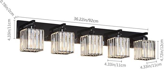 FDPBY Modern Bathroom Vanity Light 5-Lights Plating Black Crystal Bathroom Wall Light Vanity Light Fixtures