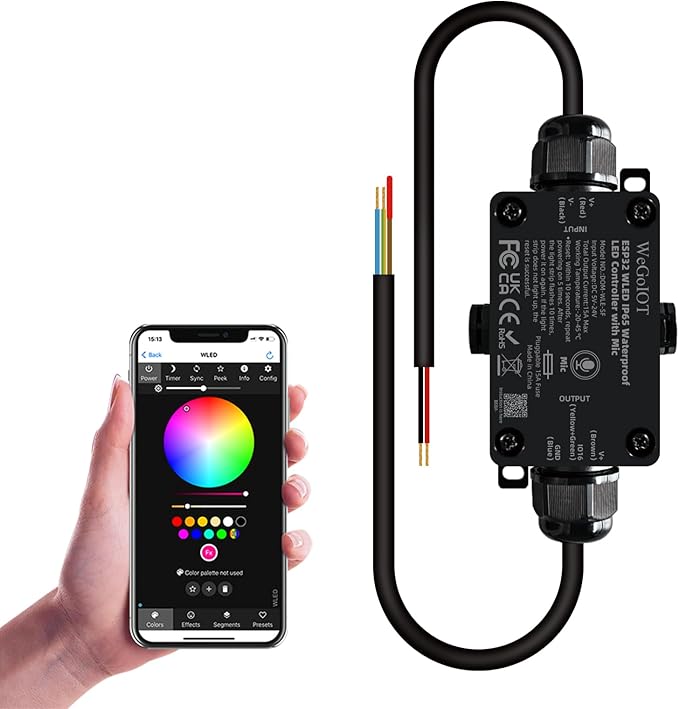 WeGoIOT Waterproof ESP32 WLED Controller with Mic , Project for Pool Boat Landscape Outdoor Lights IP65 Dynamic RGB IC DIY Lighting WiFi APP Control for WS2812B DC5-24V RGBW LED Controller (1 Channel)