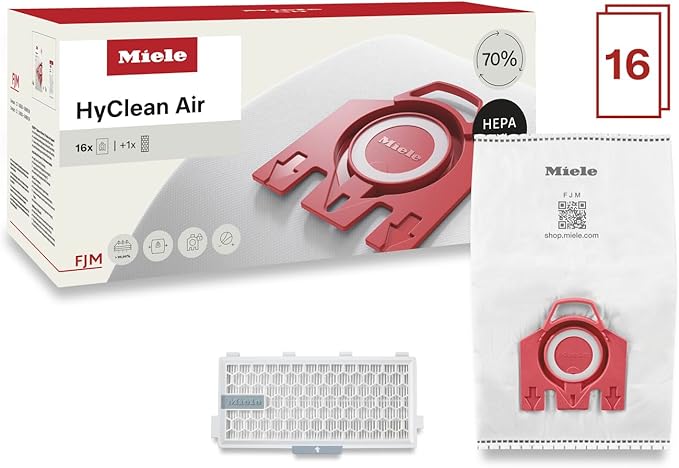 Miele Genuine Performance Pack AirClean 3D FJM Vacuum Cleaner Bags, 16 x Bags, 1 x HEPA Filter – 10512520