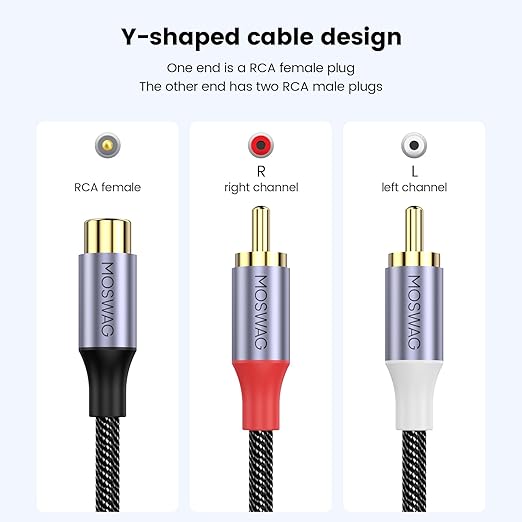 MOSWAG RCA Splitter 1 Female to 2 Male 2 Pack, RCA Y Splitter Audio Video Cable Splitter Adapter for Amplifiers, Gaming Consoles, CD Player, Subwoofer, Home Theater, HDTV