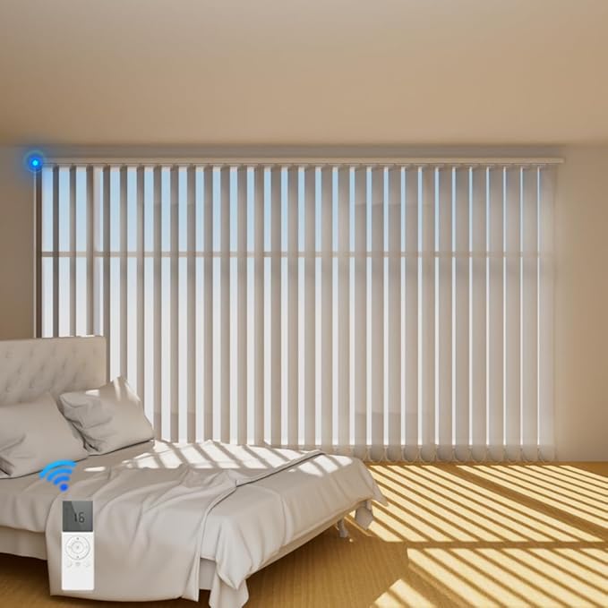 Blindify Motorized Vertical Blinds, Light Filtering Sliding Door Shades Vertical Shades Remote Control Customize, Pure White
