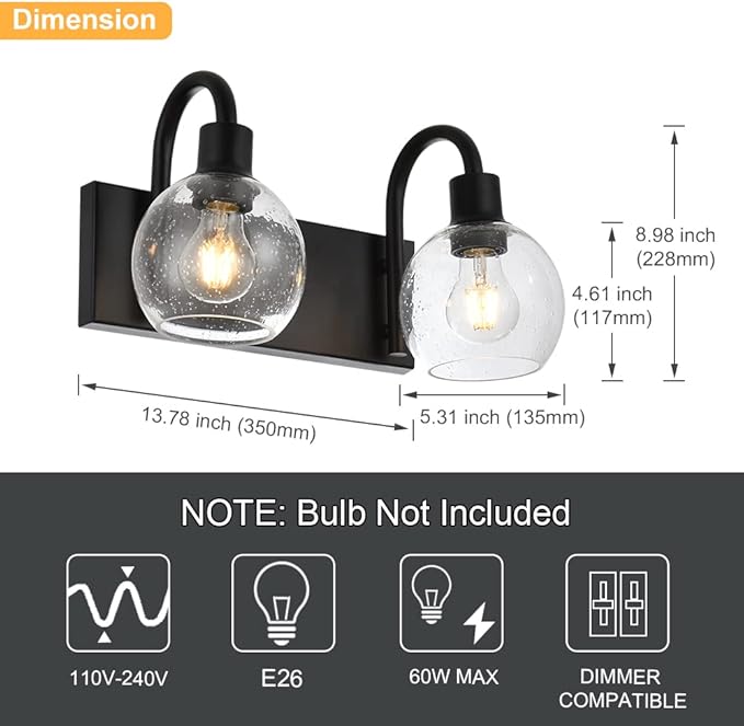WINSHEN Bathroom Vanity Light with Globe Seeded Glass 2-Lights Industrial Black Wall Sconce Lighting for Foyer Hallway