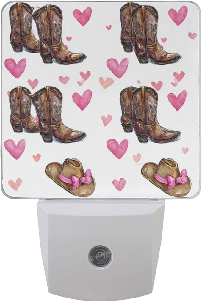 Pigsaly Led Night Light Cowgirl Hat Boots Pink Bow Hearts Night Light Plug in Wall Lamp Smart Dusk to Dawn Sensor Nightlight Led Lamp Energy Saving Lights Gift for Kids Room Bedroom Bathroom Hallway