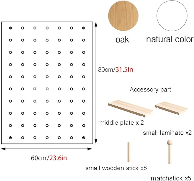 Wooden Wall Organizer Kit - Versatile Display Panel for Home, Office, Bathroom & Study - Oak Finish, 60x80CM - Wall-Mounted Storage Solution