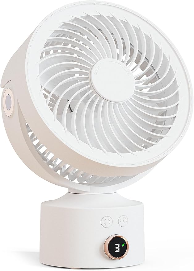 CARONSORT Small Desk Oscillating Fan, Table Air Circulator Fans for Bedroom, Rechargeable Battery Operated with 3 Speeds, Mini Fan 9 Inches, 90° Adjustable Tilt, 30 db Low Noise, White