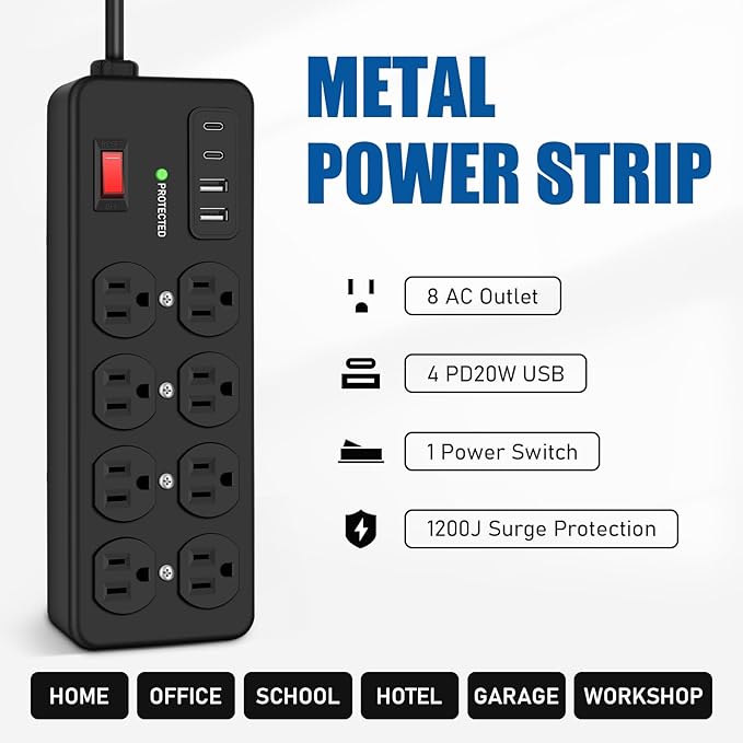 Heavy Duty Power Strip with USB,8 Outlet Workshop Metal Power Strip,PD20W USB C 15A 1200 Joules Surge Protection,Wide Spaced,15FT Cord