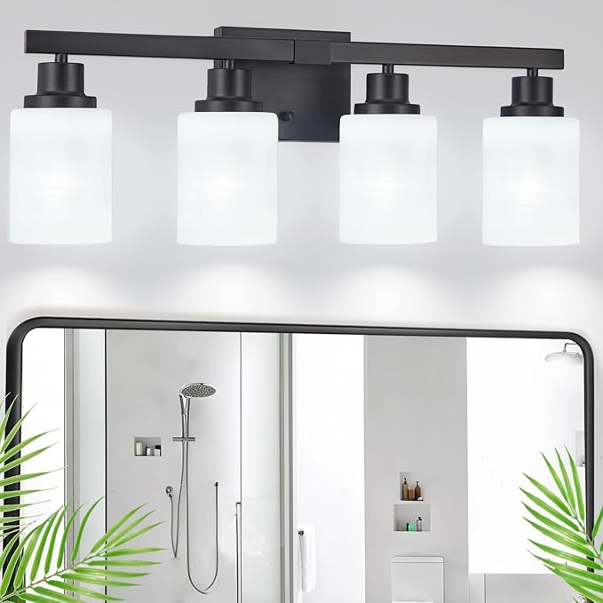 DIKAIDA Bathroom Light Fixtures, 4-Light Matte Black Bathroom Vanity Lights with Milky White Glass Shade, Bathroom Lights Over Mirror Wall Lamp Sconces for Mirror Bedroom, Living Room Hallway