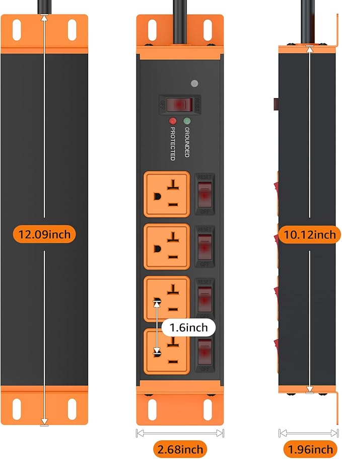 CCCEI Heavy Duty Surge Protector Power Strip 20 Amp Individual Switches. 20FT 12 Gauge Extension Cord with Multiple Outlets. Kitchen, Garage, Shop, Industrial Wall Mount Electric Extender, Orange.