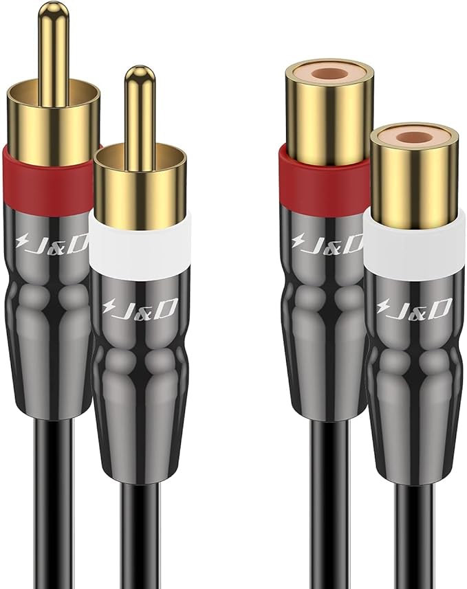 J&D 2 RCA Extension Cable Male to Female, Copper Shell Gold-Plated 2RCA Male to 2RCA Female Cable Stereo Audio Extender Cord Adapter, 6 Feet