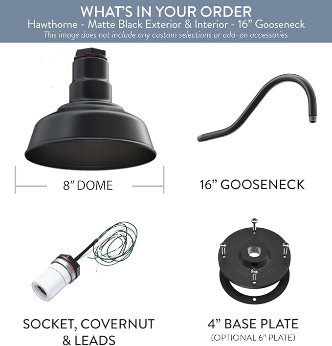 Steel Lighting Co. Hawthorne Barn Light | Outdoor Wall Mounted | 8 inch Dome | 16 inch Gooseneck| Small Farmhouse Light Made in America | Matte Black Exterior/Matte Black Interior