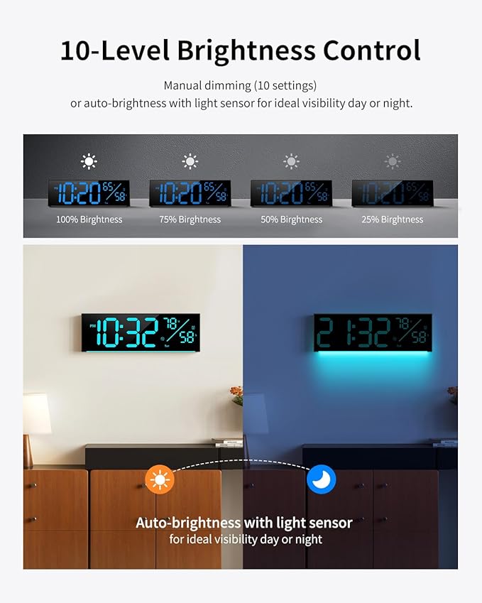 Digital Wall Clock, Large Display Digital Clock with 11 RGB Colors, Wall Clock with Night Light, Alarm Clock, Date, Week, Temp, DST for Living Room, Bedroom, Classroom Decor, Gift for Senior Mom Dad