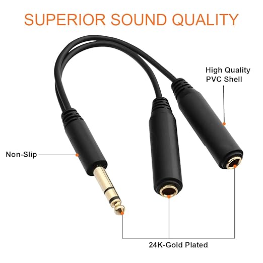TISINO 6.35mm (1/4 inch) Jack Splitter Cable, 20cm (8 inches), Headphone Splitter Cable, Splitter, Stereo Male to Dual Stereo Female Jack, Compatible with Headphone, Amplifier, Karaoke