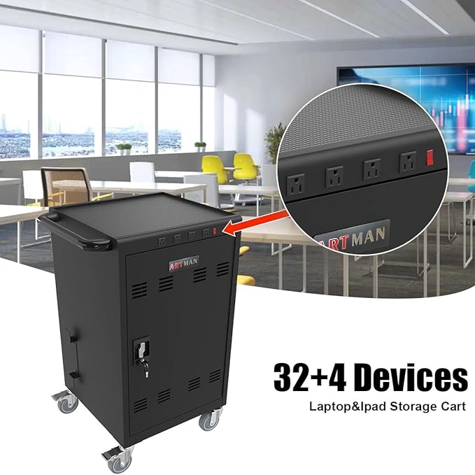 OFLILAK 36-Device Mobile Charging Cart with Charging Power Strip and Front and Rear Access Locks, Cable Management, Up to 17"", Safe Charging Cabinet for Ipads, Chromebooks, Tablets, Laptops Black