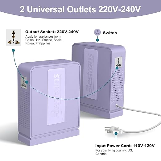 BESTRANS 2000W Step Up Transformer 110v to 220v Converter, Heavy Duty Voltage Converter 110v-120v to 220v-240v with Dual Outlets, Overload Protection & Ultra-Quiet for Home Appliances,Light Purple