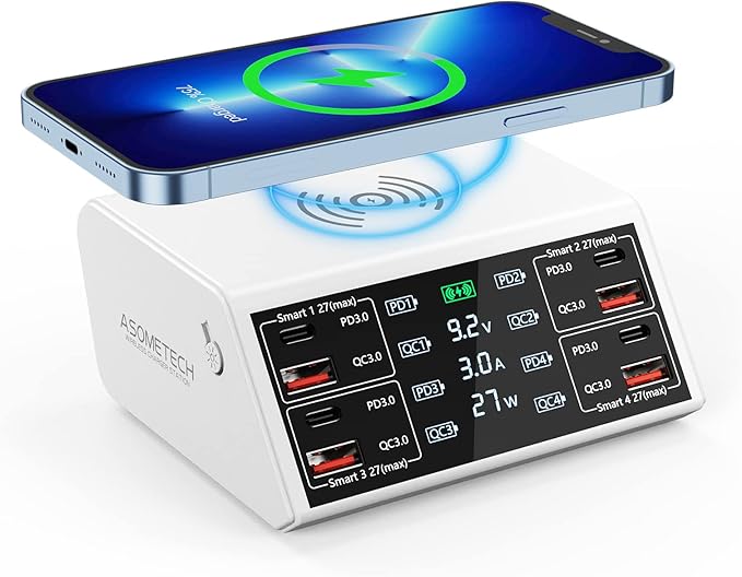 USB Charging Station,100W 8-Port Charging Station for Multiple Devices with 4 QC3.0+4 USB-C PD Ports,Wireless Charger,Multi Fast Charging Hub Charger Station for iPhone,Samsung, iPad