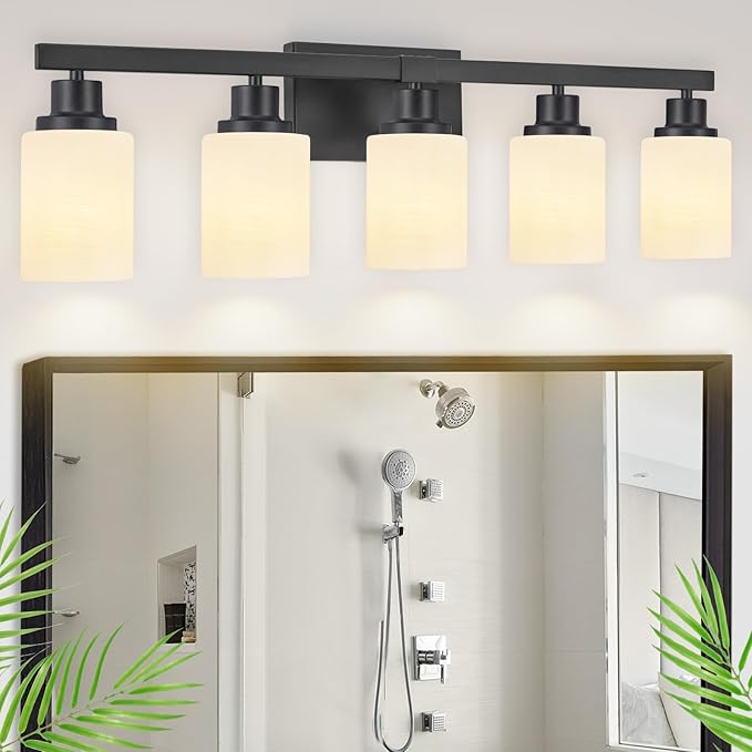 DIKAIDA Bathroom Vanity Light, 5-Light Vanity Lighting Fixture Over Mirror for Bathroom, 30" Matte Black Wall Light Fixture, Wall Sconces with Frosted Glass Shade for Mirror Bedroom Living Room