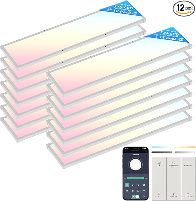 AIKVSXER 12 Pack 1x4 FT LED Flat Panel Light Surface Mount, with Wireless Switch & App Control, Night Mode, 50W 5500LM, 3000K/4000K/6500K, Ultra-Thin LED Light for Office Home,120-277V - White