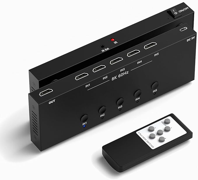 8K 5 in to 1 Out HDMI Switcher，5 Way HDMI Converter & Infrared Remote Control - Ideal for Nintendo Switch/OLED/Xbox PS5/4/3 Blu-Ray Player Fire TV Stick Roku Apple TV Chromecast PC