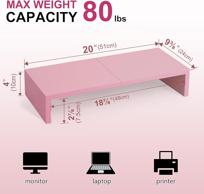 TEAMIX 2 Pack Pink Monitor Riser-20L inch, Cute Monitor Stand for Desk, Wood Sturdy TV/Screen/PC/Printer/Laptop Riser, Computer Shelf with Storage Desktop Organizer for Home Office
