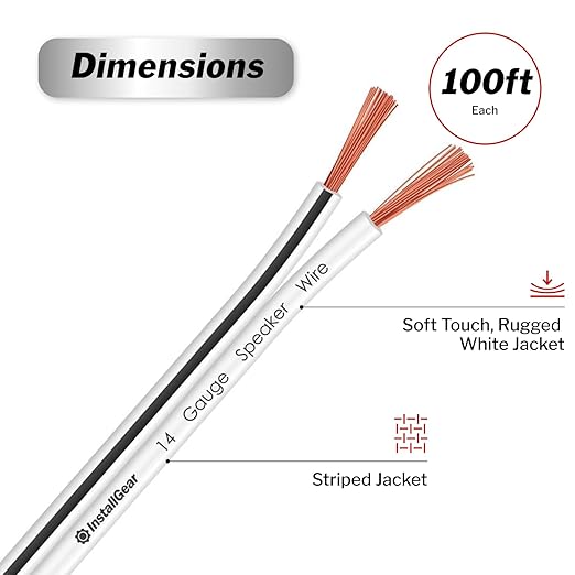 InstallGear Speaker Cable - 14 Gauge AWG (100ft - White) - White Speakers Wire Cable - Speaker Wire for Outdoor, Automotive, and Marine