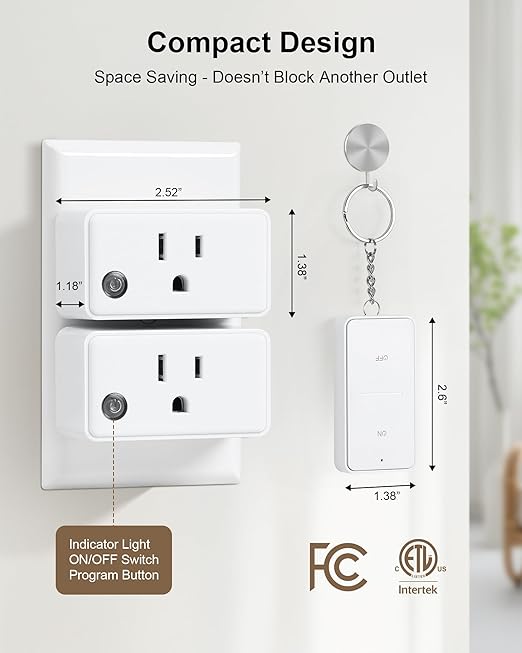 TREEWELL Remote Control Outlet, 200FT Long Range Wireless Light Switch, Mini Electrical Outlet Plug, 15A/1875W High-Power for Lamps, Lights, Household Appliances, FCC & ETL Listed