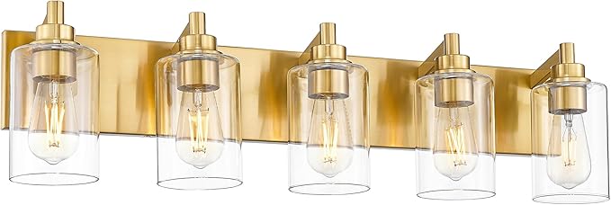 METWET 5-Light Bathroom Light Fixtures, 30 Inch Brushed Gold Vanity Light with Cylinder Clear Glass Shade, Modern Vanity Lighting Fixtures Over Mirror, VL143-BG-5