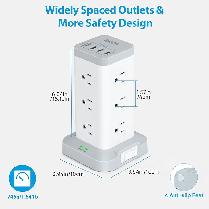 BEVA Power Strip Tower with USB Ports, 16 in 1 Surge Protector Tower, 12 AC and 4USB Ports, 10 FT Extension Cord with Multiple Outlets, Power Tower Charging Station for Office Supplies（White）