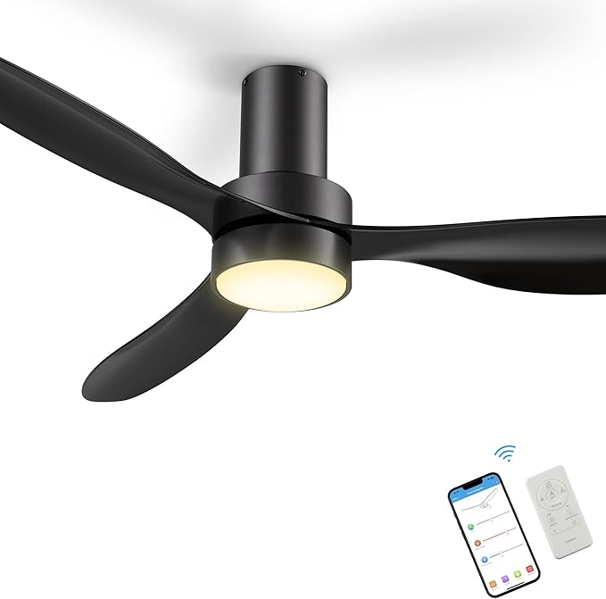 SMAAIR 52" Smart Flush Mount Ceiling Fans with Lights and Remote, Quiet DC Motor, 3-Blade Modern Ceiling Fan, Low Profile Ceiling Fan works with APP/Voice, 8H Timer &24H Schedule, ABS Blades, Black